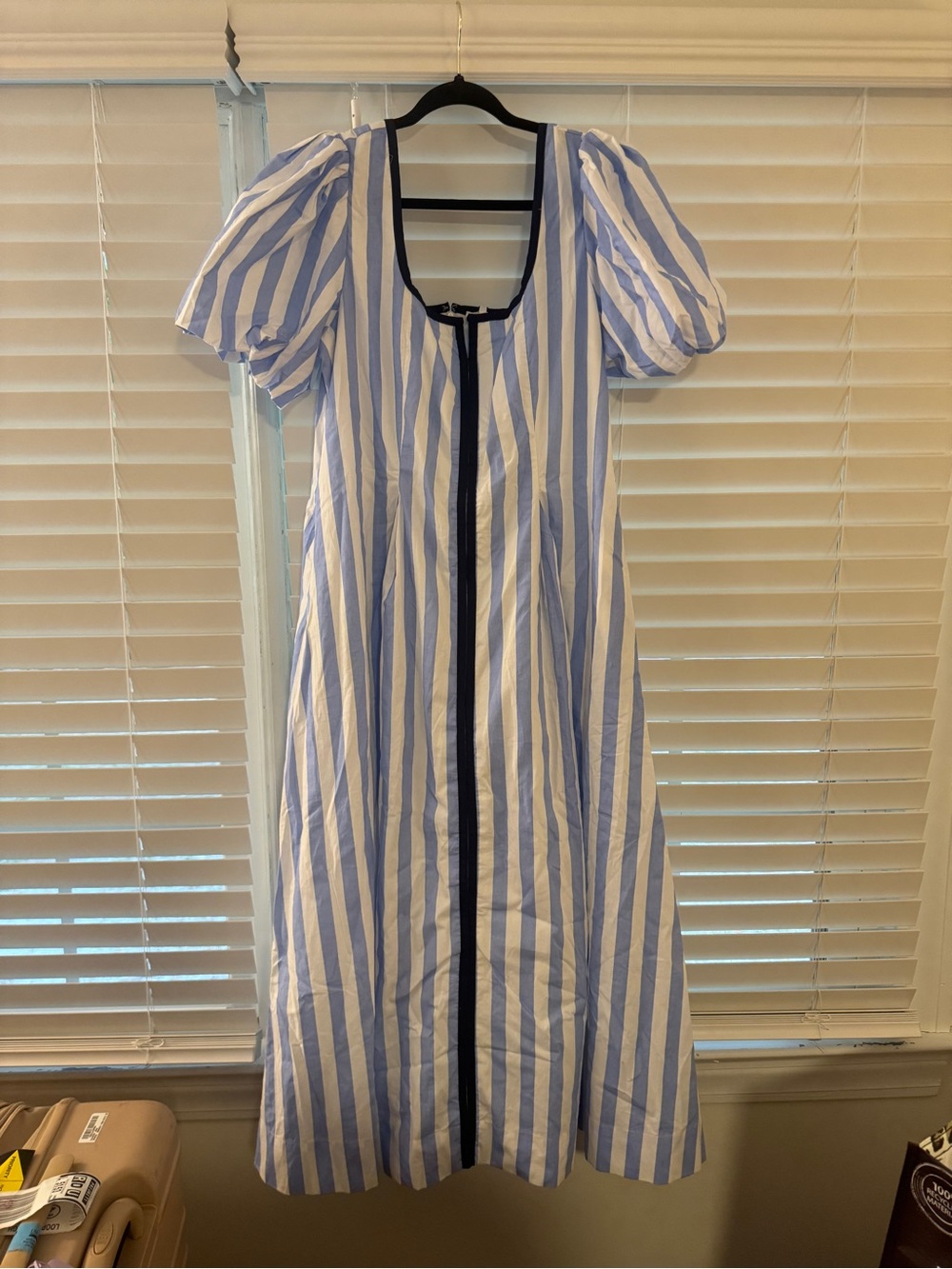 PLUS SIZE TCES -Blue and White Striped Puff Sleeve Midi Dress with Contrast Trim